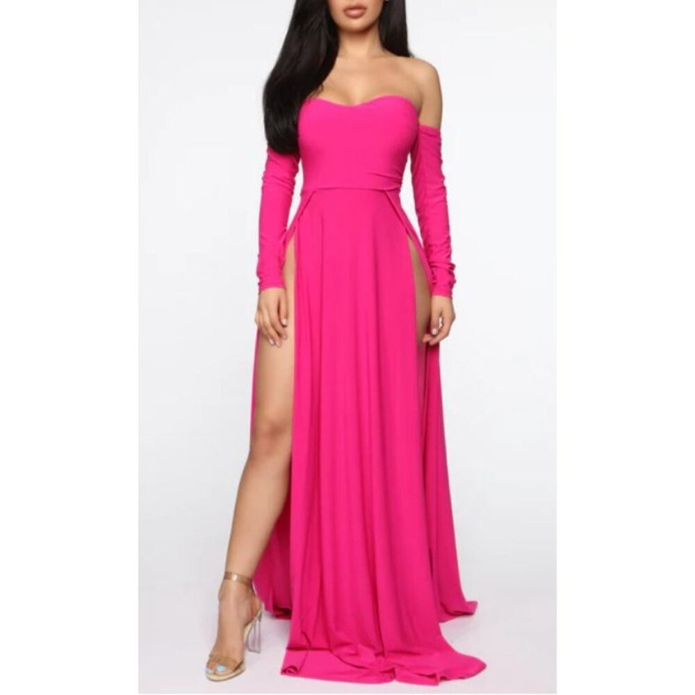 Fashion Nova‎ Elegantly Fab Off Shoulders Maxi Dress High Slit "Magenta" Size L
